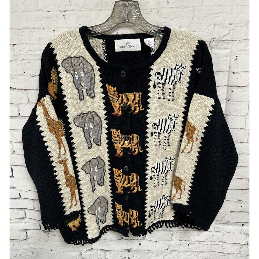 Vintage XL Jane’s Closet Cardigan Sweater Wild Animals 3/4 Sleeve Knit Safari